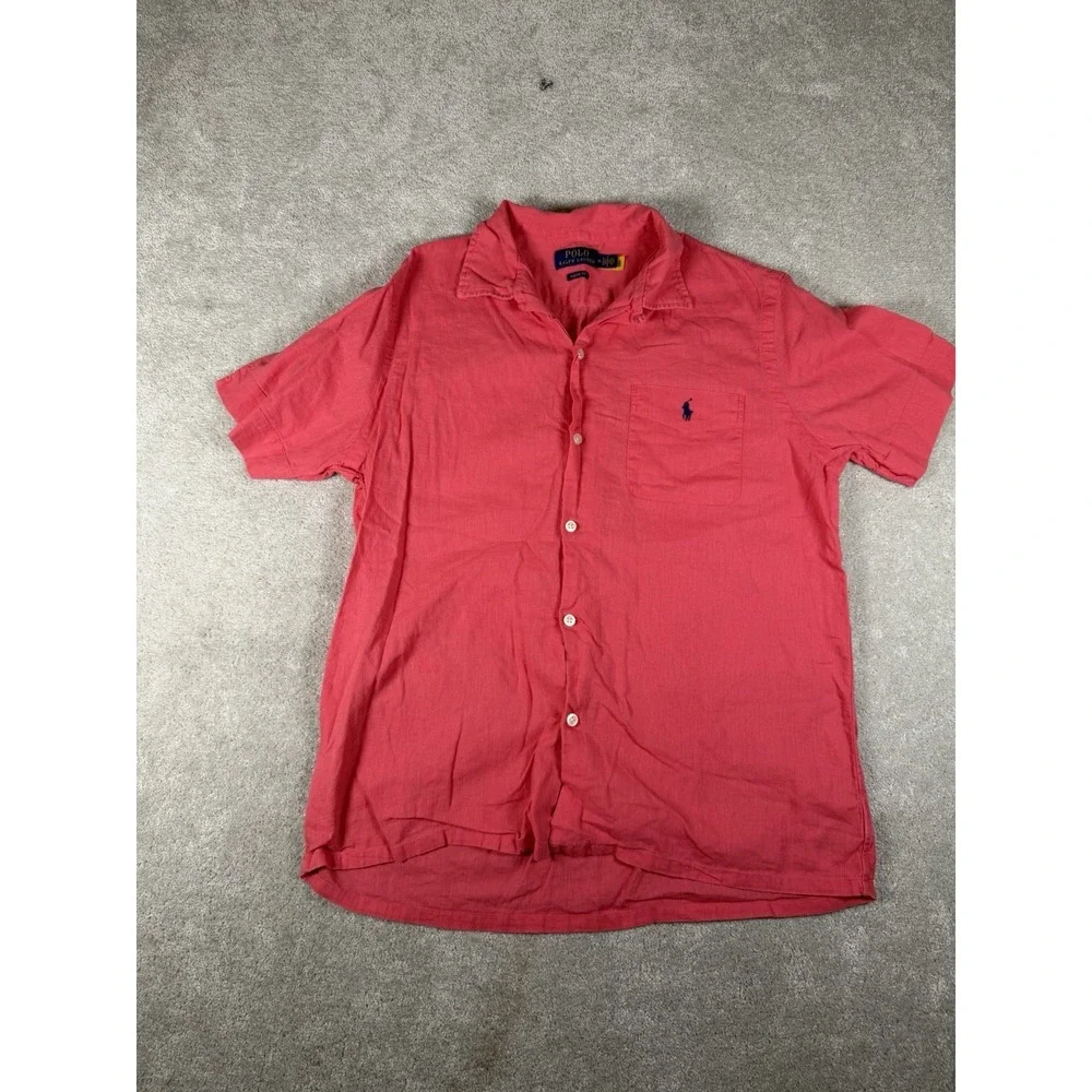 Polo Ralph Lauren Classic Fit Linen Blend Button Shirt Pockets Men's M Coral